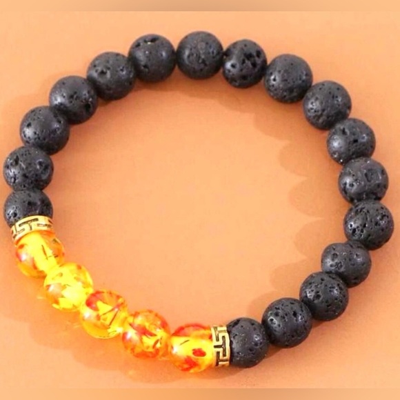 Dragon’s Breath Black Lava Rock & Orange Fire Beads Round Ball Stretchy Bracelet - Picture 2 of 4